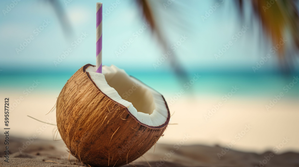 An opened coconut with a straw against a sandy tropical beach ocean background. A.I. generated.