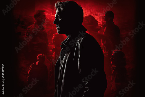 silhouette of male detective with double exposure. Poster banner for thriller movie and book dramatic novel. Generative AI illustration