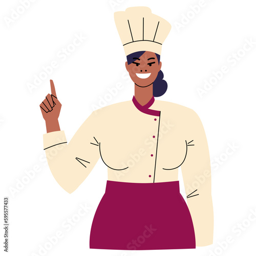 Wallpaper Mural Dark-skinned female chef holds a platter cloche in her hand. Chief cook. Smiling woman in toque and uniform. Portrait of kitchen worker. Character is isolated on white background. Flat vector. Torontodigital.ca