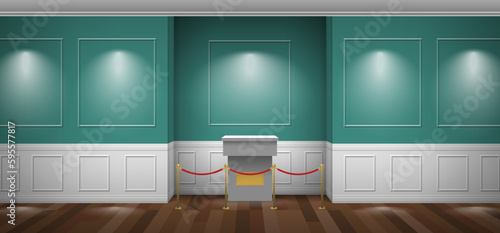 museum gallery classic interior with podium stage  rope barrier  mock up vector illustration