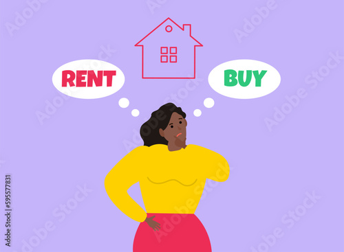 buy or rent home choice thinking african american woman making decision vector illustration