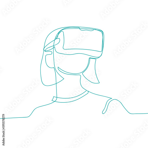 Female person with VR headset, virtual reality glasses, helmet.  Continuous line vector illustration.