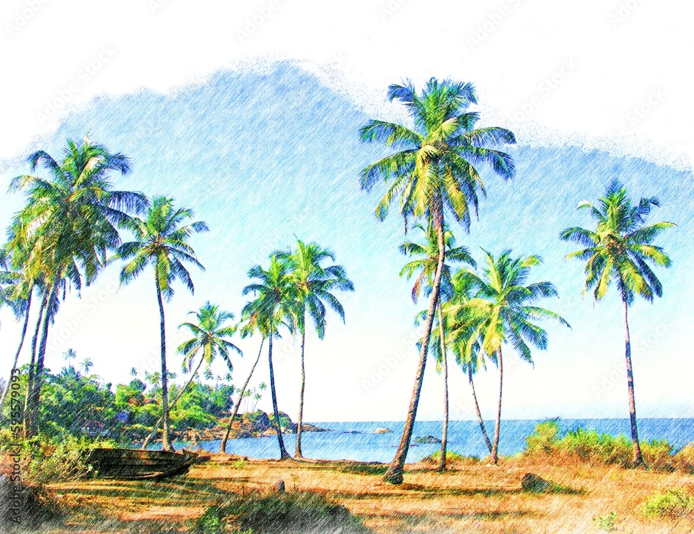 Color pencil drawing of tropical nature - palm trees on sea coast, Goa landscape, India, Digital art - obrazy, fototapety, plakaty 