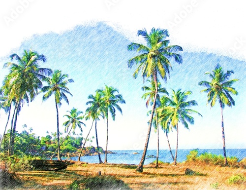 Color pencil drawing of tropical nature - palm trees on sea coast, Goa landscape, India, Digital art