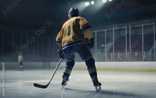 athletic hockey player on the ice hockey arena with a hockey stick in his hand winter Generative AI © mureli