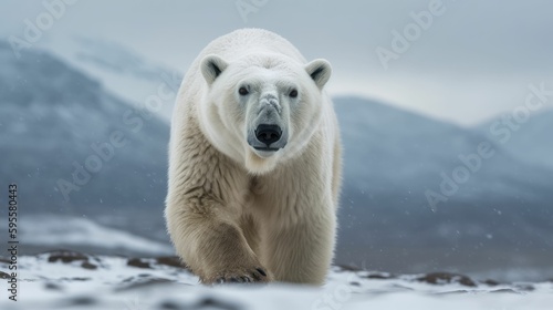 A polar bear in the snow mountains. Generative AI illustration.