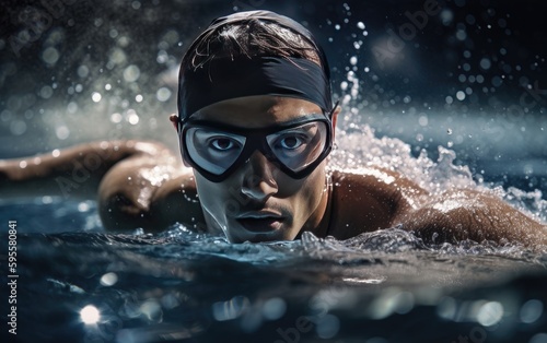 A man swimming in a pool swimming cap and goggles olympic sport Generative AI © mureli