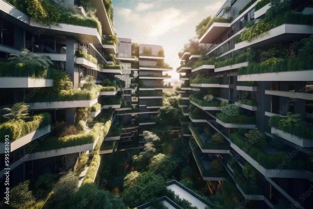 Beautiful futuristic city buildings covered with plants