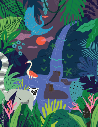 Nature jungle, animals and tropics. Vector illustrations of animals, flowers and textures. Drawings for poster, background and cover.
