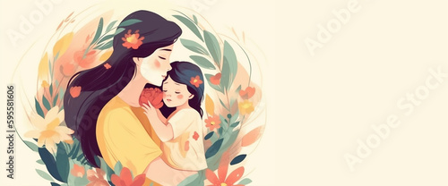 A mother and her baby are hugging each other. Mother's day background. Mother's day illustration with generative ai 