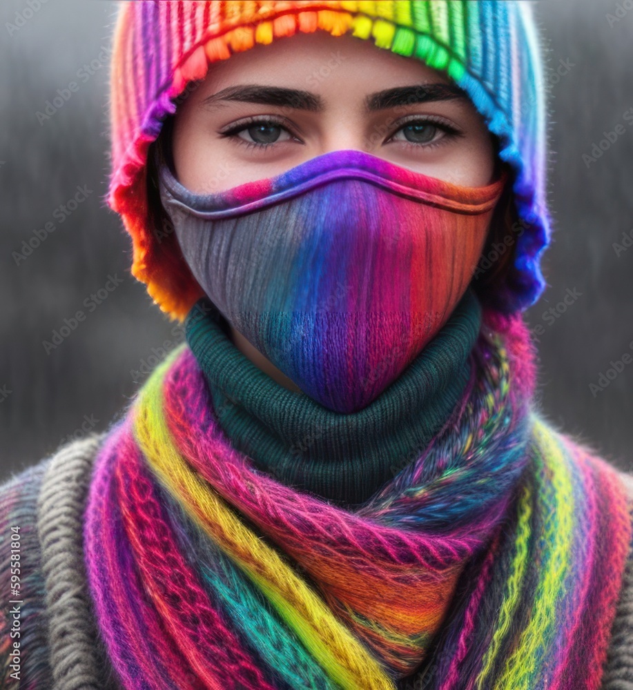 Woman in knitted multicolored clothing, yarn mask, no real people, Generative AI Art Illustration 04 Woman in knitted multicolored clothing, yarn mask, no real people, Generative AI Art Illustration 04