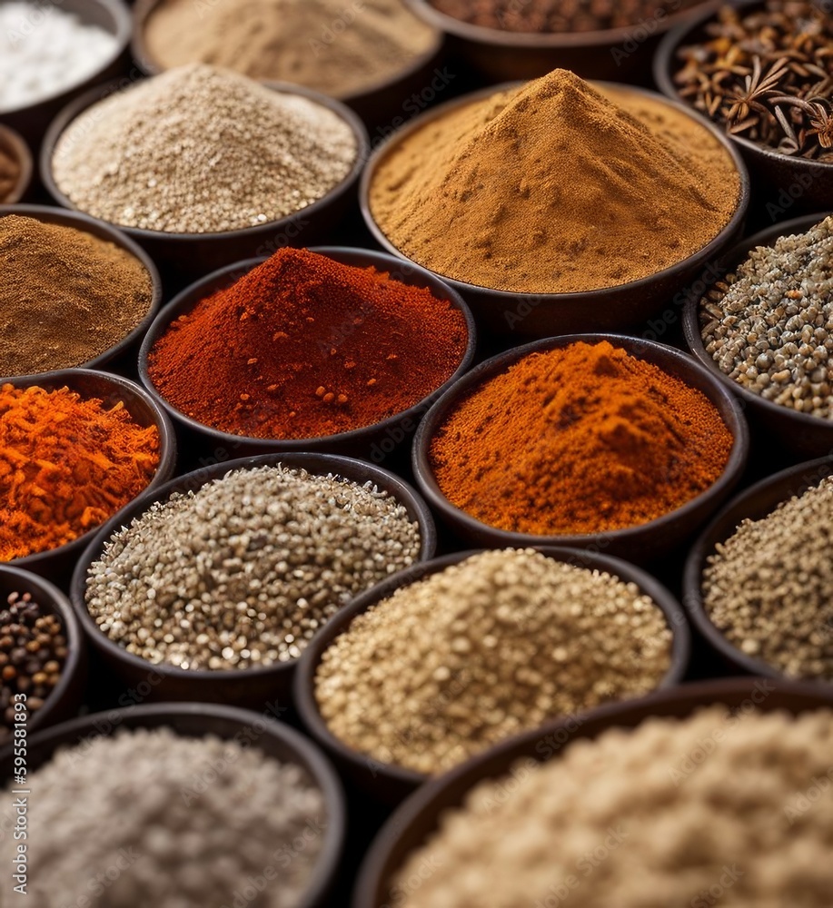 Various spices, paprika, pepper, salt, cinnamon, turmeric, curry, Generative AI Art Illustration 07