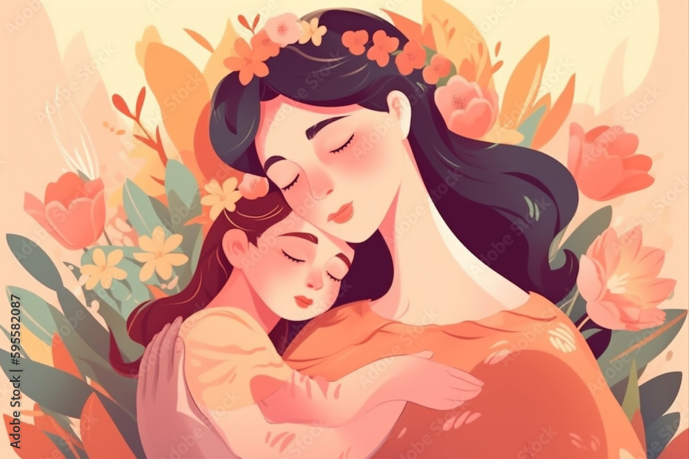 A mother and her baby are hugging each other. Mother's day background. Mother's day illustration with generative ai 