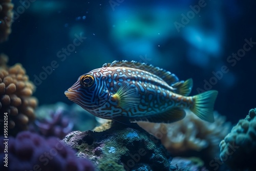 A small fish swims in an aquarium. Generative AI. © D