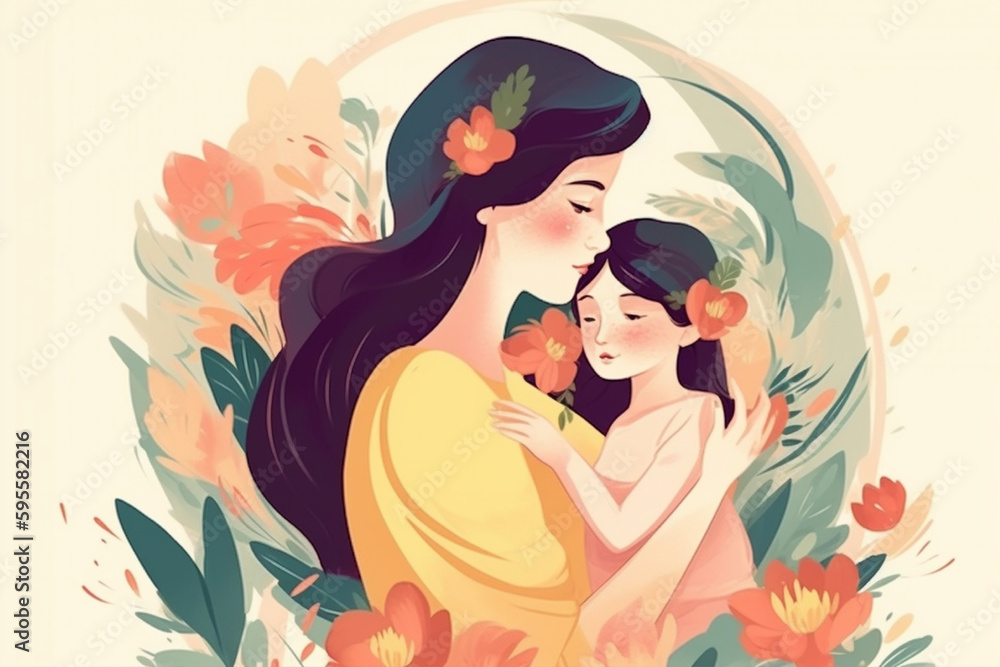 A mother and her baby are hugging each other. Mother's day background. Mother's day illustration with generative ai A mother and her baby are hugging each other. Mother's day background. Mother's day illustration with generative ai