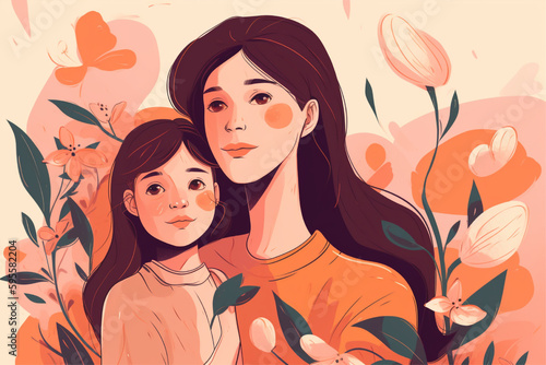 A mother and her baby are hugging each other. Mother's day background. Mother's day illustration with generative ai 