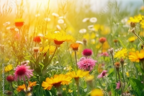 Beautiful bright meadow on a sunny spring day. Generative AI. © D