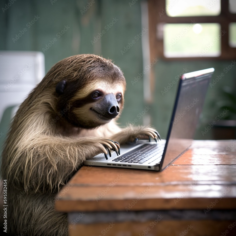 Naklejka premium Sloth working on a laptop. Generative AI.
