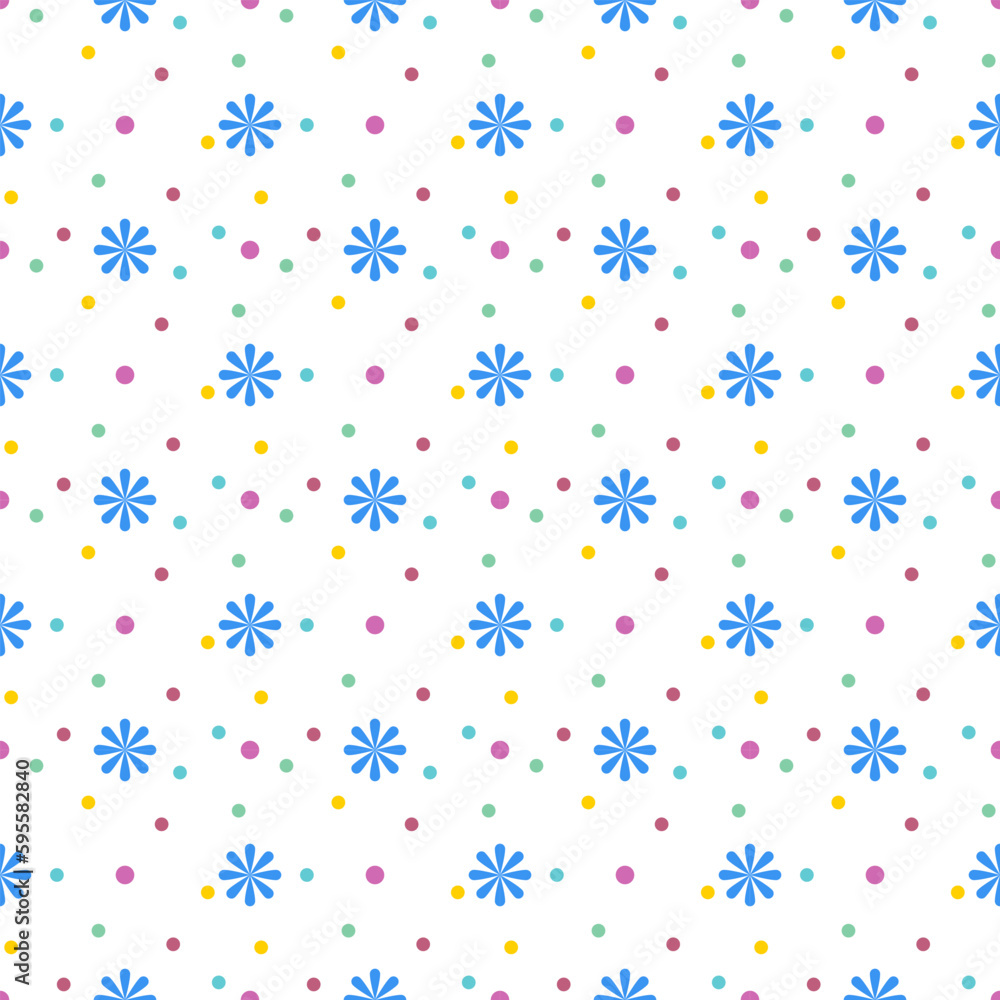 Blue flowers among small colorful circle dots on a white background. Which is a seamless pattern that looks cute and bright.