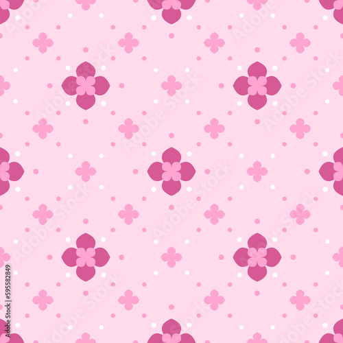 In this seamless pattern, the background is pink. Decorate with large and small flowers neatly arranged and surrounded by small circles that look soft and sweet.