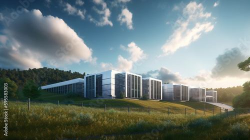 A massive data center surrounded by lush green hills and a blue sky, emphasizing the idea of technology working in harmony with nature