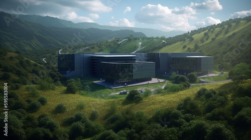 A massive data center surrounded by lush green hills and a blue sky, emphasizing the idea of technology working in harmony with nature