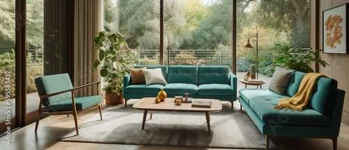 A cozy mid-century modern living room featuring a teal-colored sofa, generative Ai