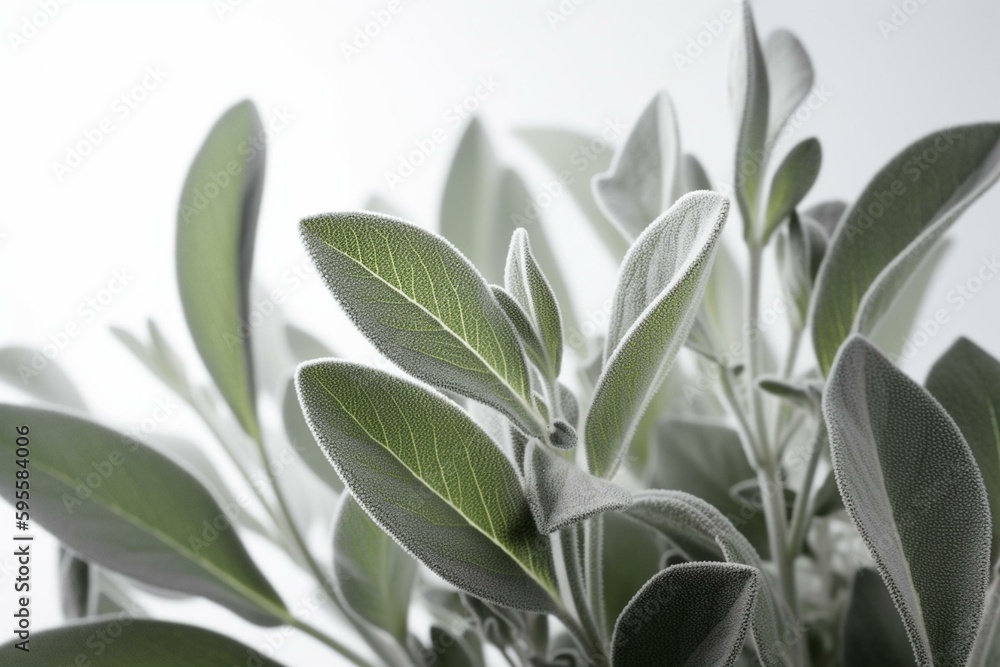 Translucent fresh sage leaves on white background. Generative AI