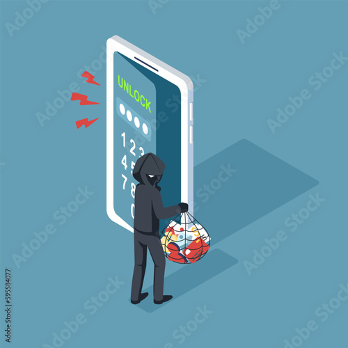 Theft Hacker attacks a smartphone by hacking a password. fraud scam phishing and steal private data on devices. vector illustration isometric flat design for cyber security awareness concept.