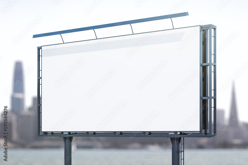 Blank white horizontal billboard on skyline background at daytime, perspective view. Mock up, advertising concept Blank white horizontal billboard on skyline background at daytime, perspective view. Mock up, advertising concept