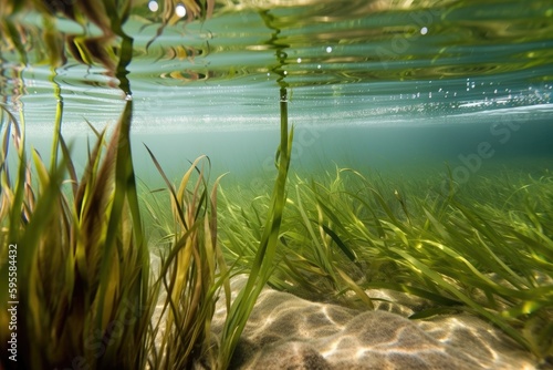 clear water with close-up of aquatic plant and seagrass, created with generative ai photo