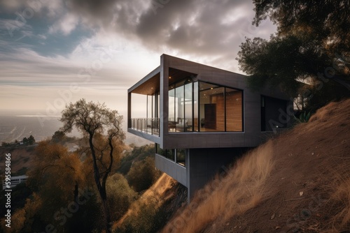 Valokuva modern home built on steep hillside with stunning views of valley below, created