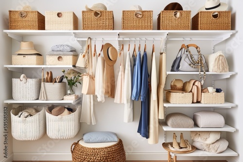 a closet with an array of baskets, bins, and hooks for storage, created with generative ai photo