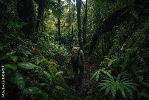 outdoorsman trekking through jungle, surrounded by lush greenery, created with generative ai