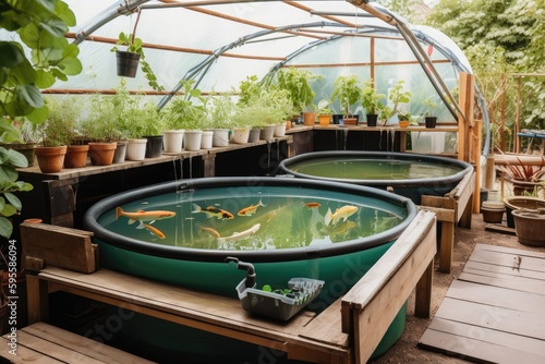 backyard with aquaponics and hydroponic system, fish swimming in water tank, created with generative ai photo