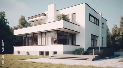 Bauhaus exterior house design in daytime golden hour generatove ai © Hixel