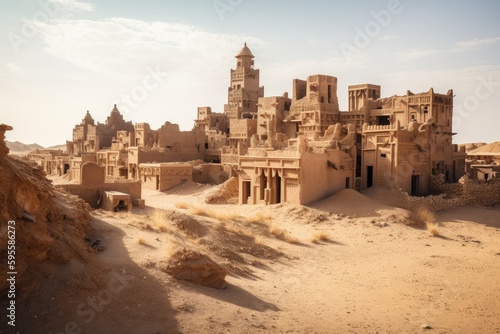 ancient desert city, with towering buildings and ornate carvings, created with generative ai