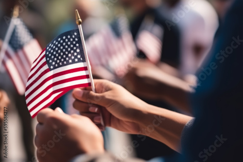 People holding american flags in a line, generative AI