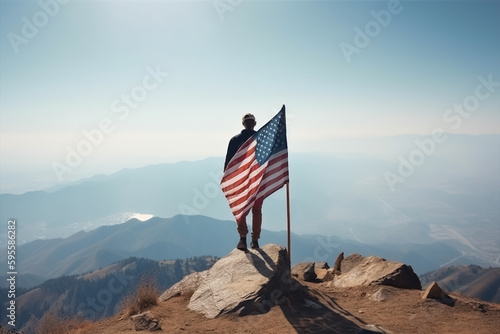 A man on top of a mountain holding a american flag,  generative AI photo