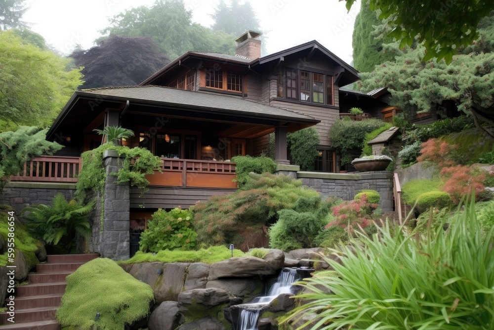 classic craftsman house surrounded by lush greenery, with waterfall visible in the background, created with generative ai