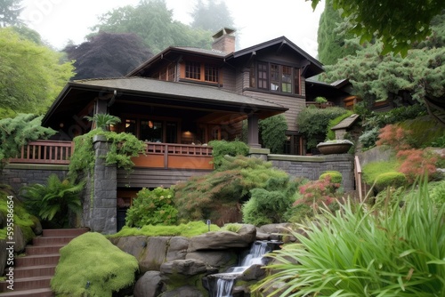 classic craftsman house surrounded by lush greenery, with waterfall visible in the background, created with generative ai © Natalia