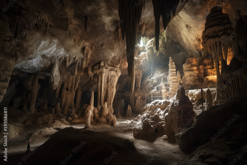 Obraz premium cave with intricate stalagmites and stalactites, some reaching the floor or ceiling, created with generative ai