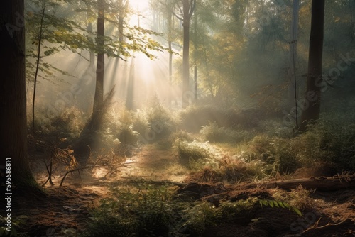 serene forest  with mist rising from the ground and sunlight filtering through the trees  created with generative ai