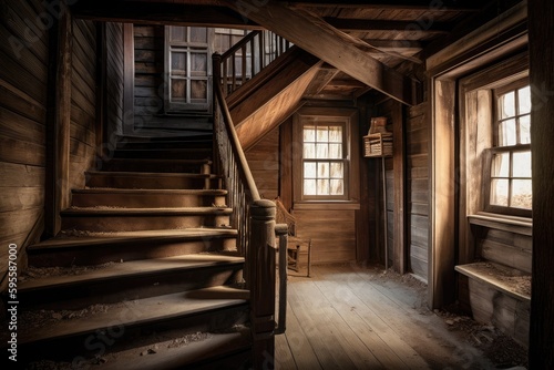 rustic wooden staircase with weathered railing  leading to the upstairs in rustic cabin  created with generative ai