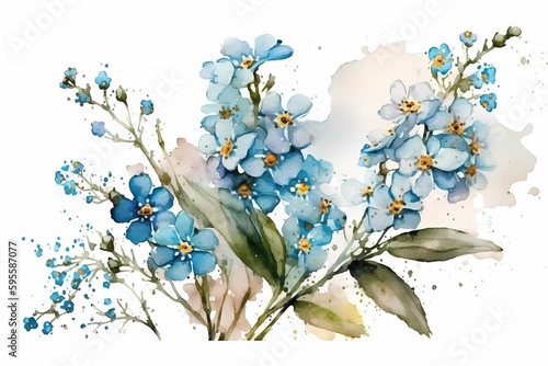 Beautiful forget me not flowers, myosotis in bloom, blue color. Watercolor illustration, drawing isolated on white background. Generative Ai. photo