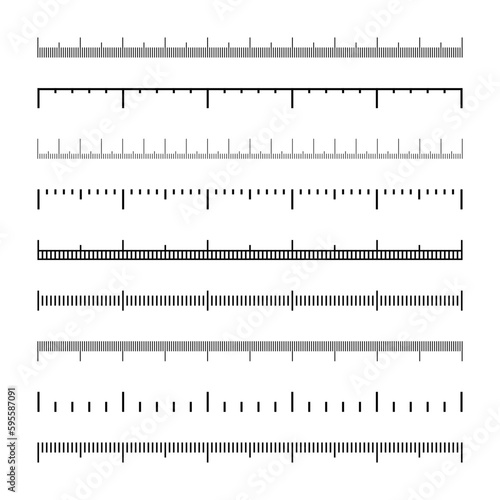 Various measurement scales with divisions. Realistic scale for measuring length or height in centimeters, millimeters or inches. Ruler, tape measure marks, size indicators. Vector illustration