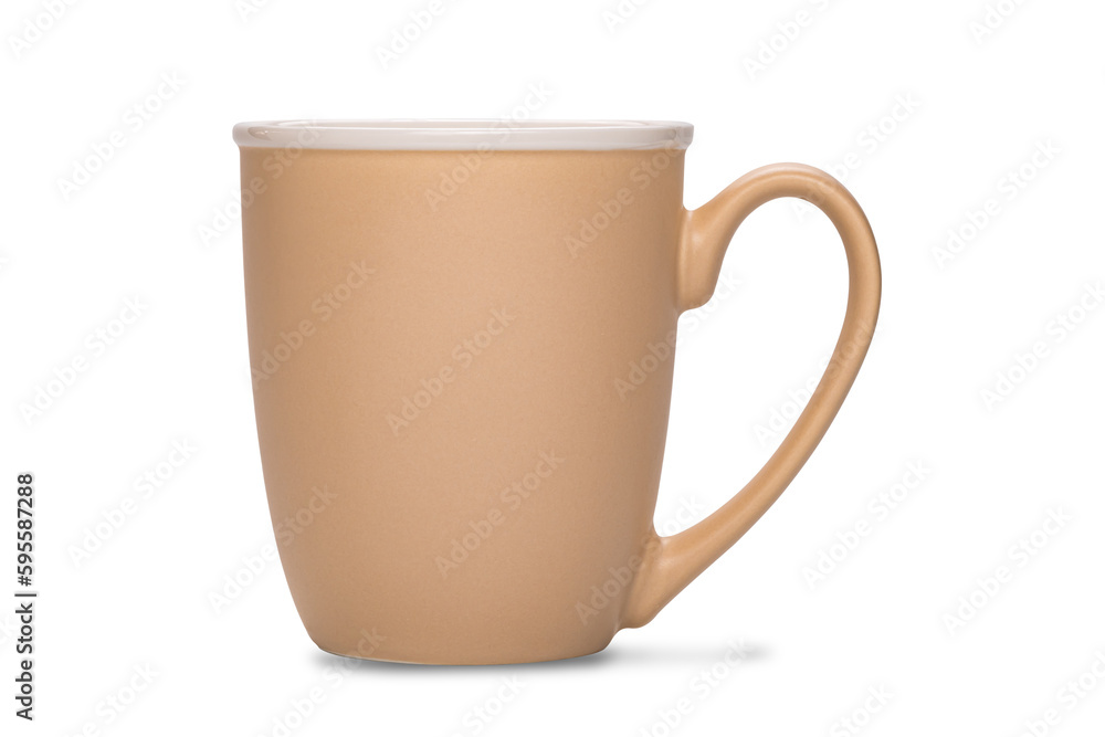 Empty brown ceramic coffee mug or tea mug with white edge isolated on white background. Empty brown ceramic coffee mug or tea mug with white edge isolated on white background.