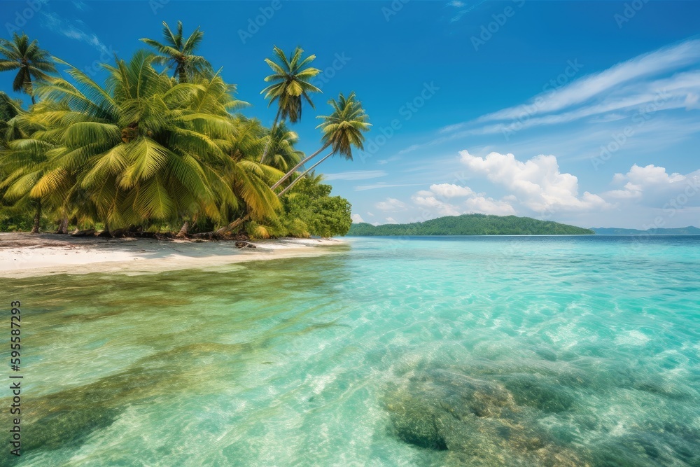 tropical beach scene, with palm trees and clear blue waters, created with generative ai