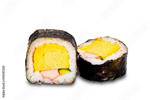 Sashimi sushi roll with nori seaweed, rice. omelet, vegetable, isolated on white background.