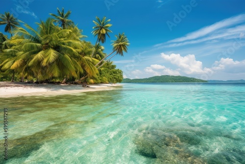 tropical beach scene  with palm trees and clear blue waters  created with generative ai
